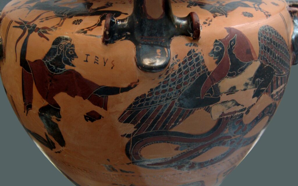 Lukisan pada hidria kuno yang menampilkan Zeus mengangkat petir ke arah Typhon, makhluk bersayap berekor ular
