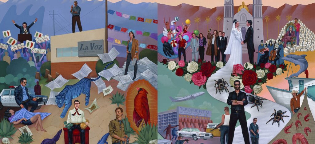 Materi promosi resmi serial Narcos: Mexico bergaya mural dengan tokoh kartel Guadalajara dan Tijuana