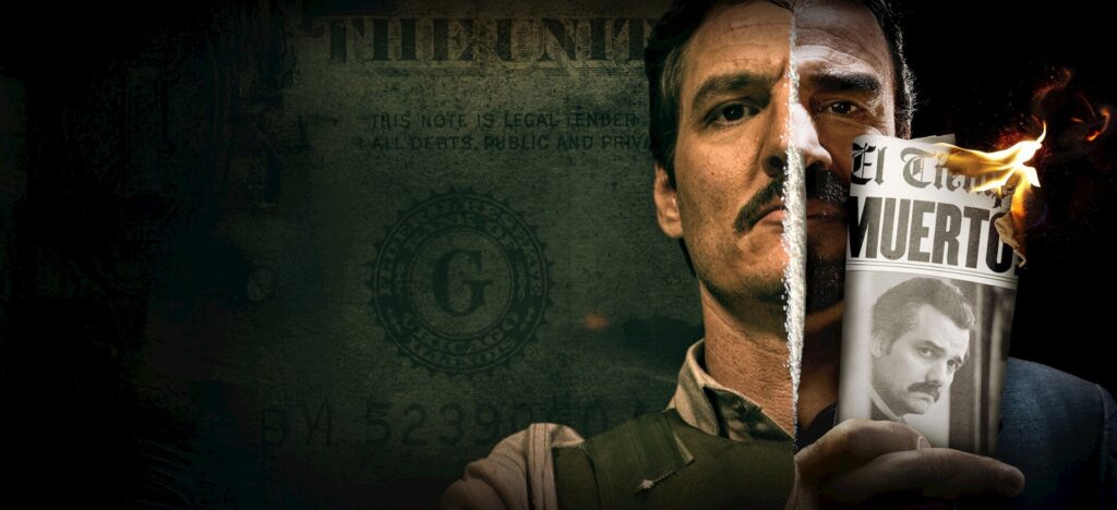 Materi promosi resmi Narcos musim 3 menampilkan Pedro Pascal sebagai agen DEA Javier Peña dan koran bergambar Pablo Escobar
