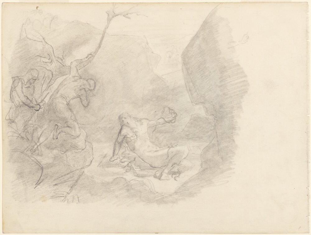 Sketsa pensil August Malmström yang menggambarkan Ragnar Lothbrok terduduk di lubang ular sementara para prajurit menonton dari tebing